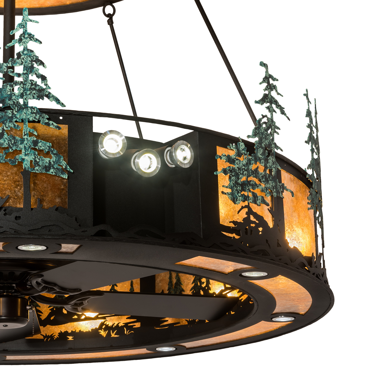 Close-up of lower tier showing LED spotlight cluster and forest silhouette.