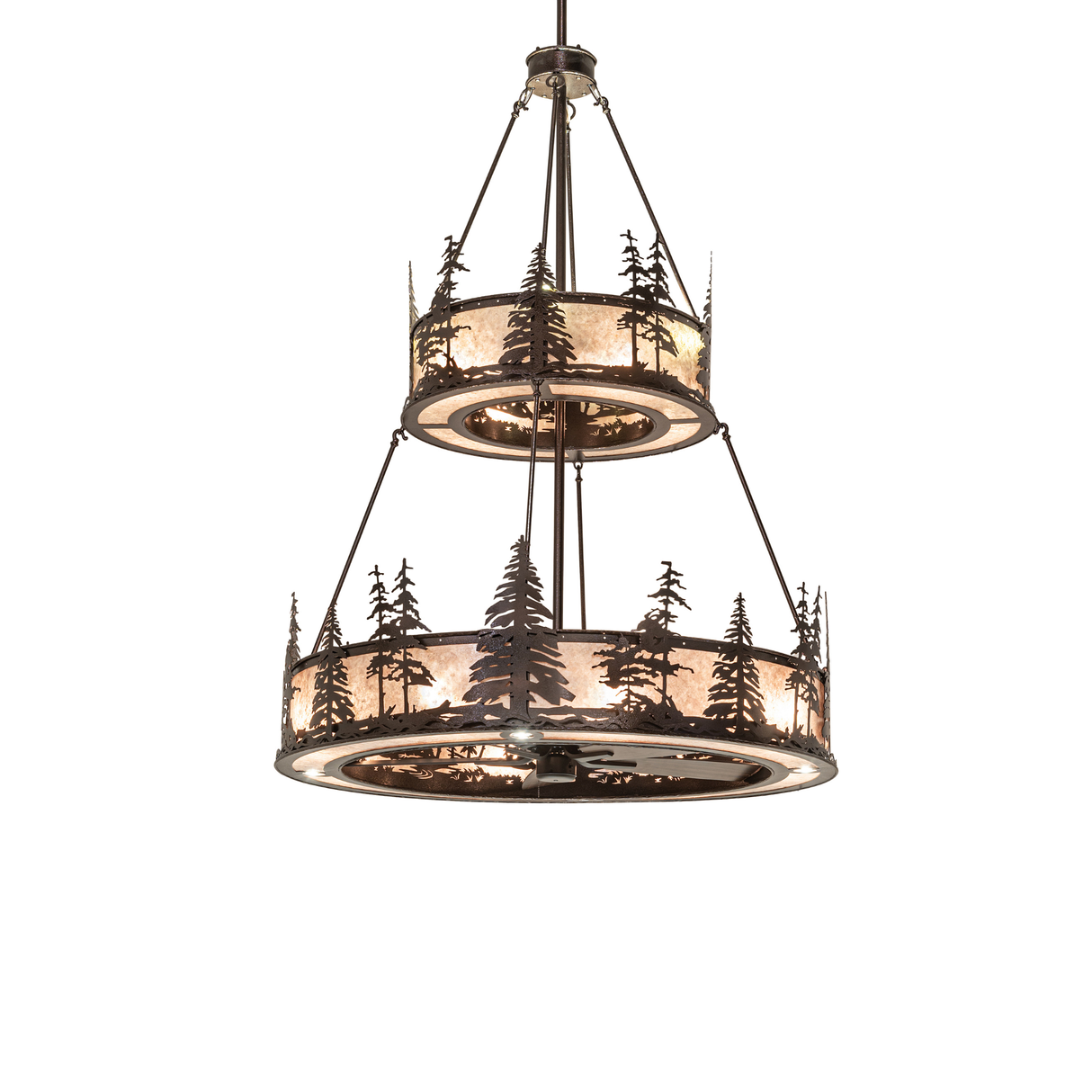 Tall Pines two-tier chandelier fan with pine tree design lit view.