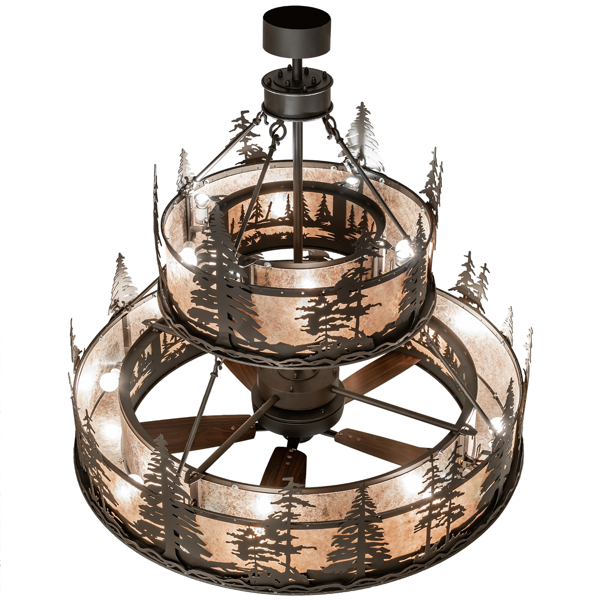 Overhead top lit view showing dual-tier structure and pine cutout details.