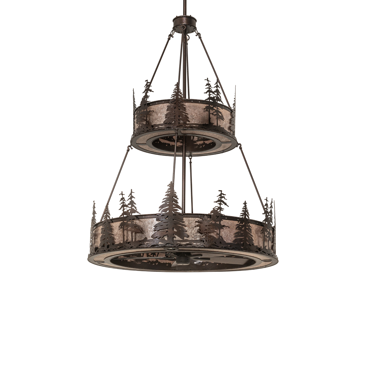 Unlit Tall Pines two-tier chandelier showing metal pine cutouts.
