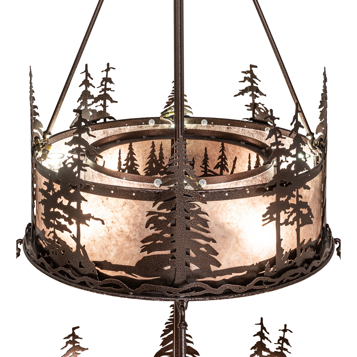 Upper tier view of Tall Pines chandelier with silver mica diffuser.