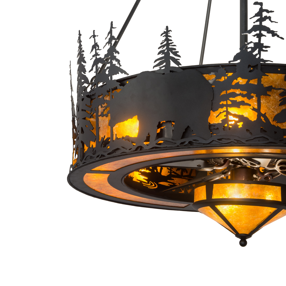 Angled lit view revealing layered pine forest design and warm glow.