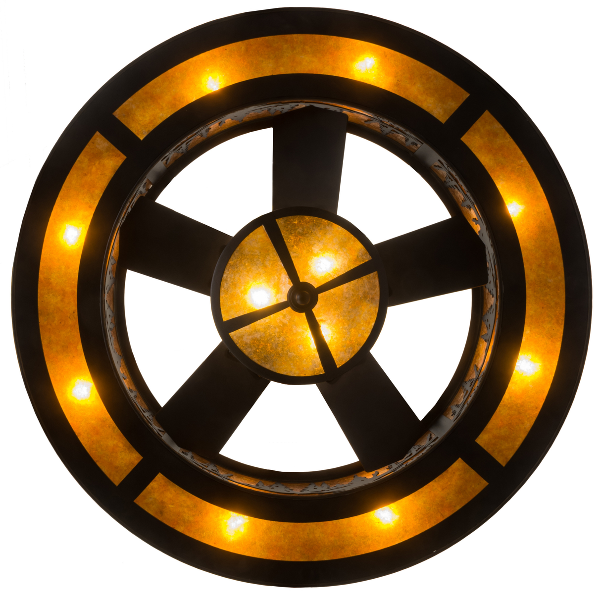 Bottom lit view highlighting fan blades and glowing amber mica diffuser.
