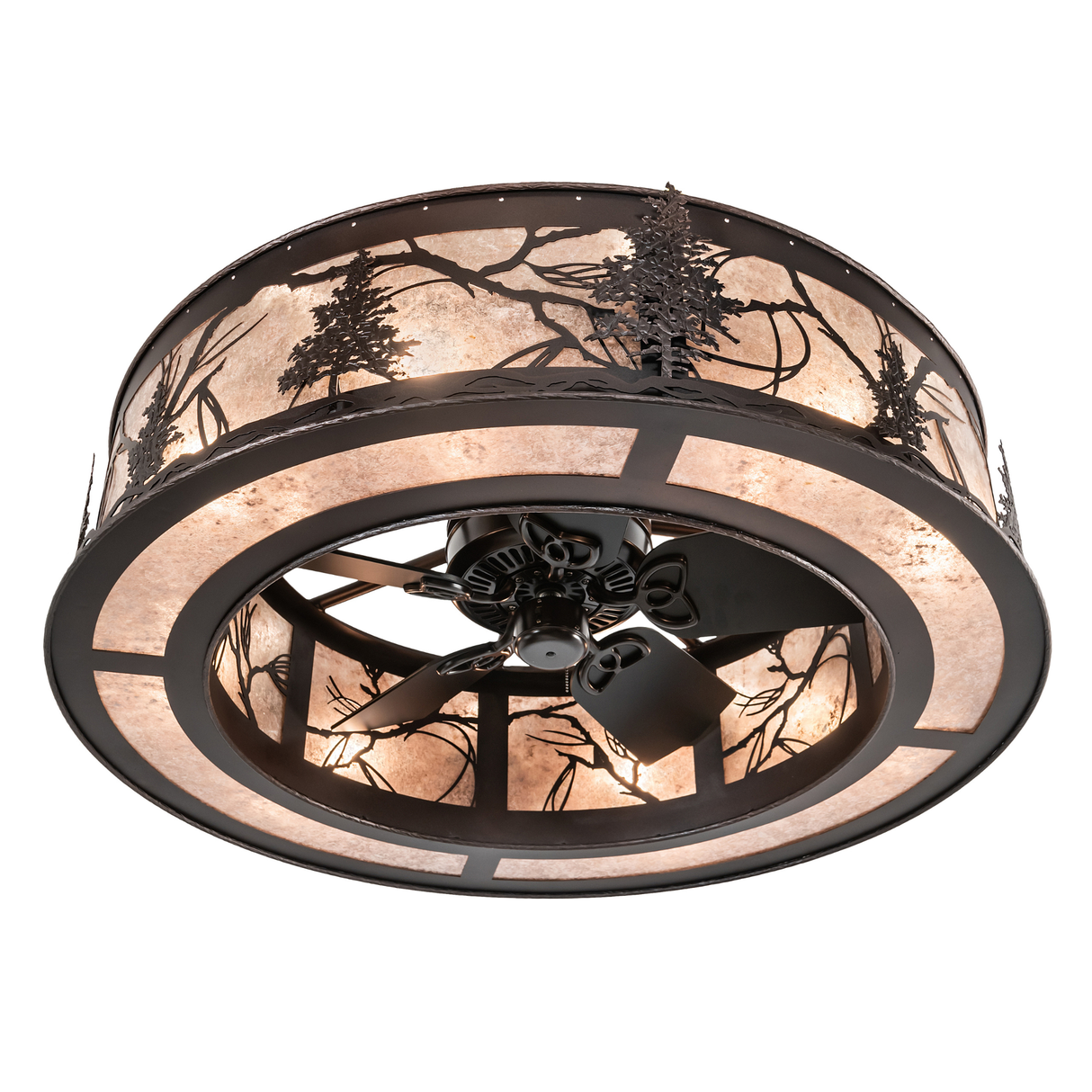 Bottom angle lit view showcasing fan blades and softly glowing mica diffuser.