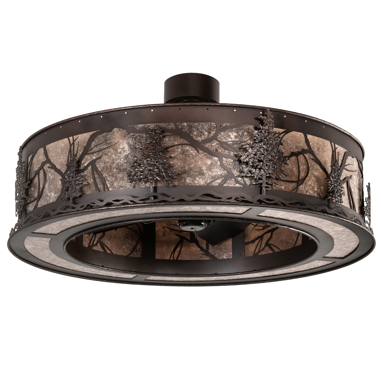Unlit front angle view highlighting tree cutouts and bronze finish.