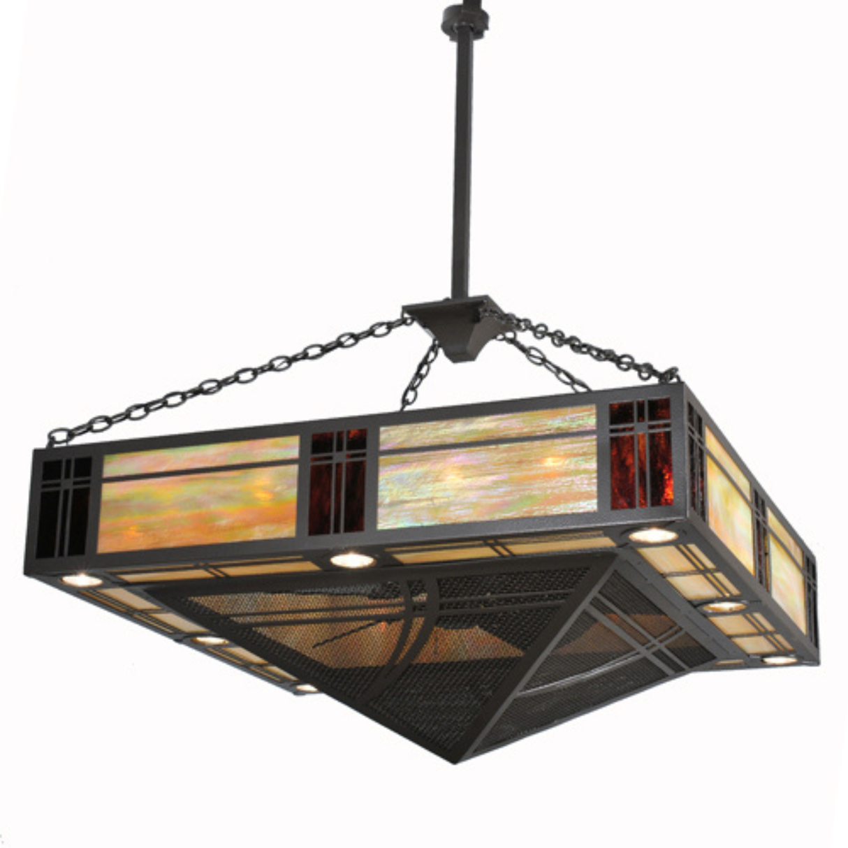 Front angle showing illuminated mission-style panels and fan integration.