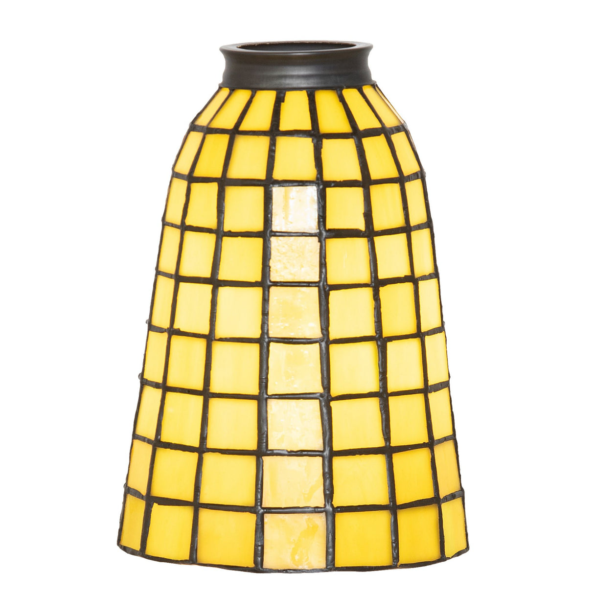 Detailed view of honeydew green geometric grid pattern on the Terra Verde shade.