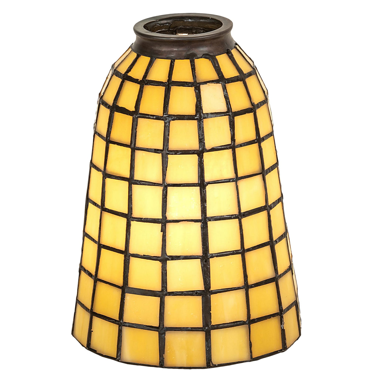 Side-angle view of the Terra Verde shade with intricate green glass design.