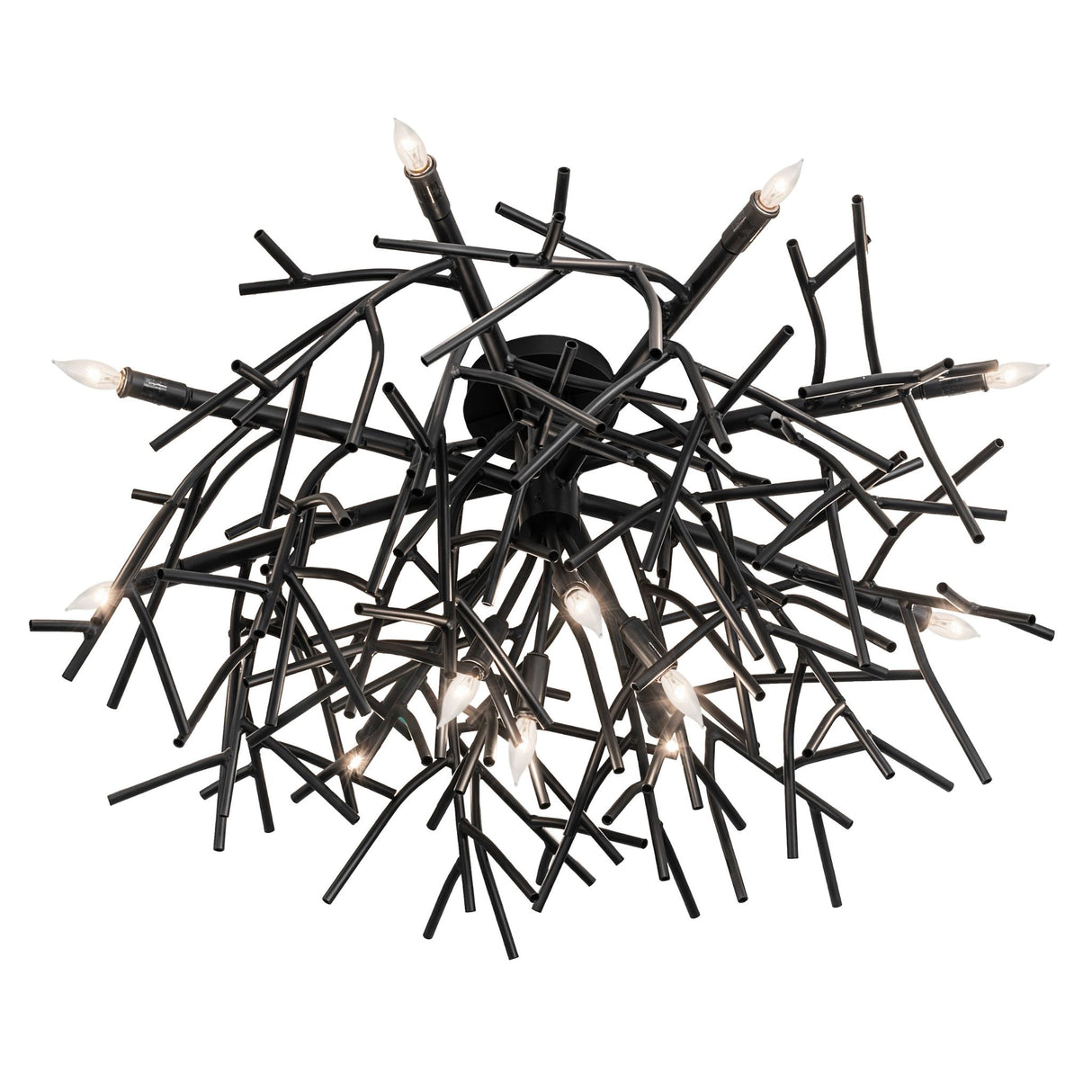 Bottom angle view of Thicket chandelier revealing layered branches and bulb placement.