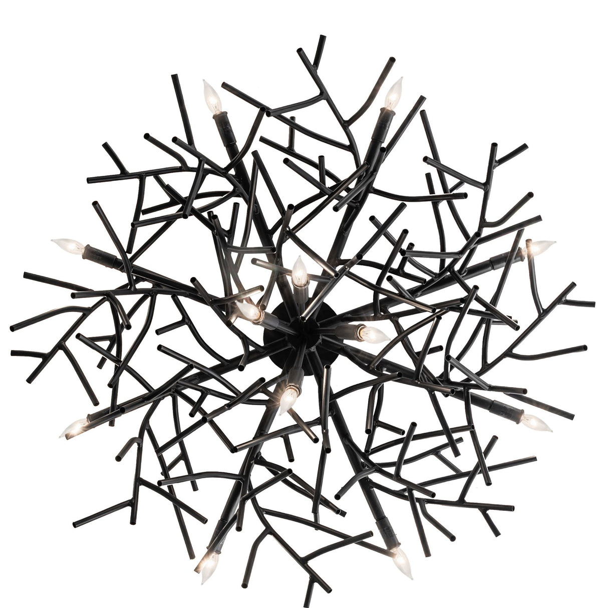 Direct bottom view of Thicket chandelier emphasizing radial branch pattern and lights.