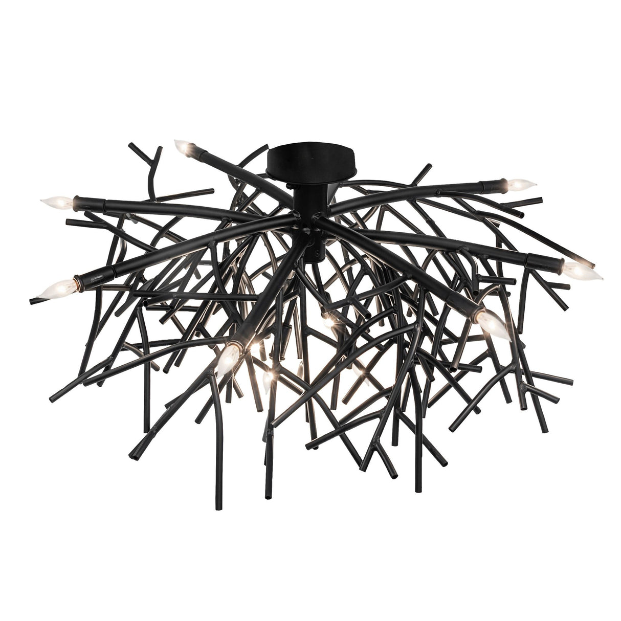 Top angle view of Thicket chandelier showing dense branch-style metal construction.