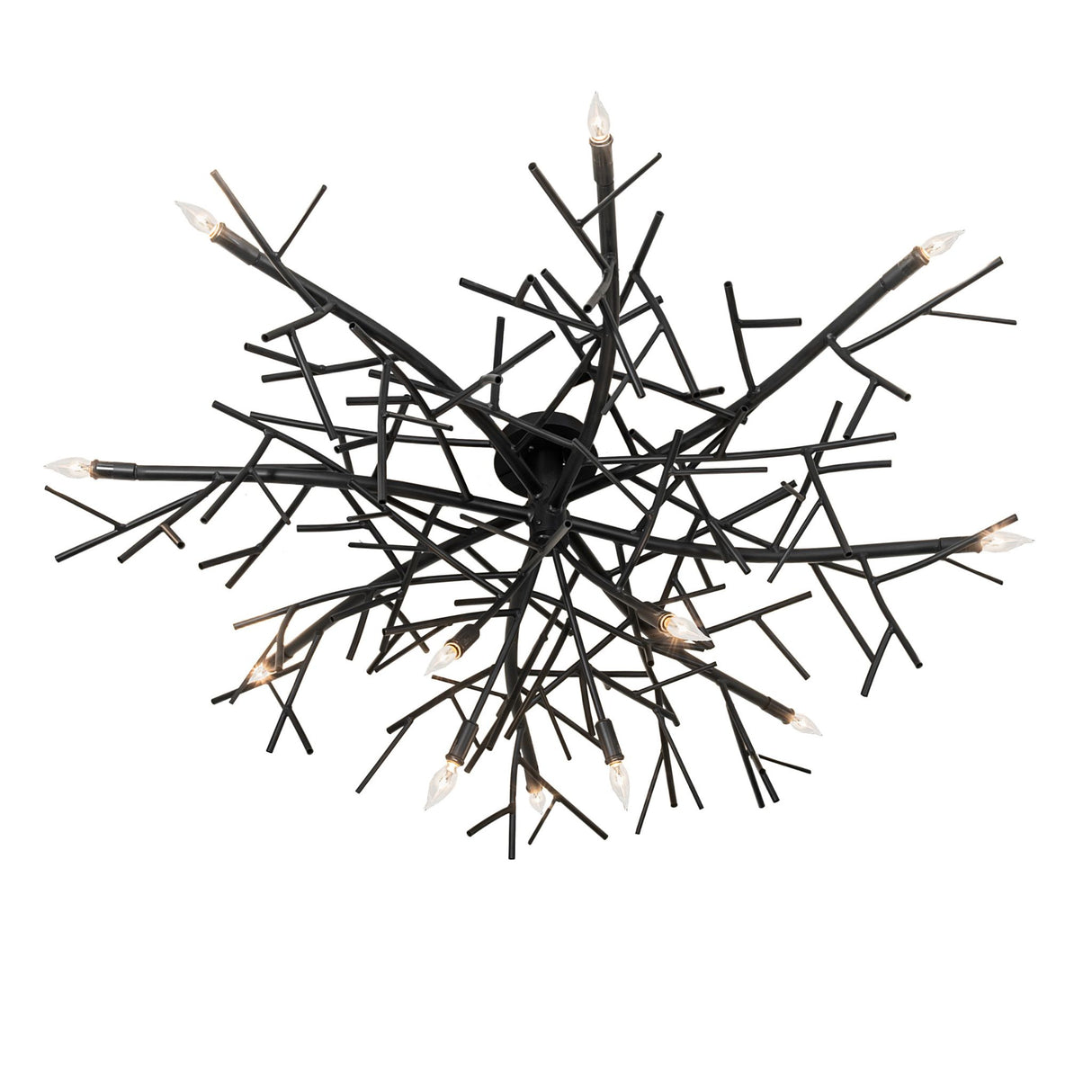 Bottom angle view of chandelier highlighting dense branch-inspired metal arms and bulb layout.