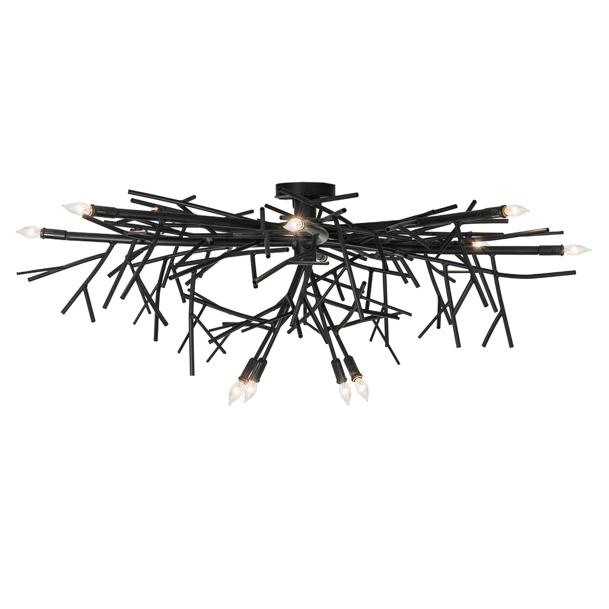 Side angle view of chandelier with layered branch arms and sculptural metal design.