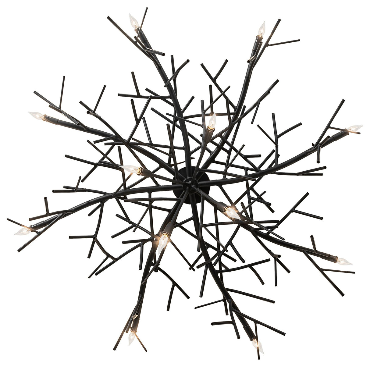 Underside view of chandelier revealing central hub and branching metal arm construction.
