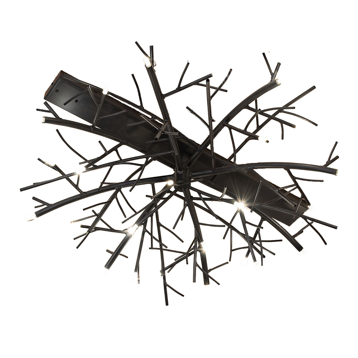 Bottom angle view of chandelier showing miniature bulbs integrated into branch arms.