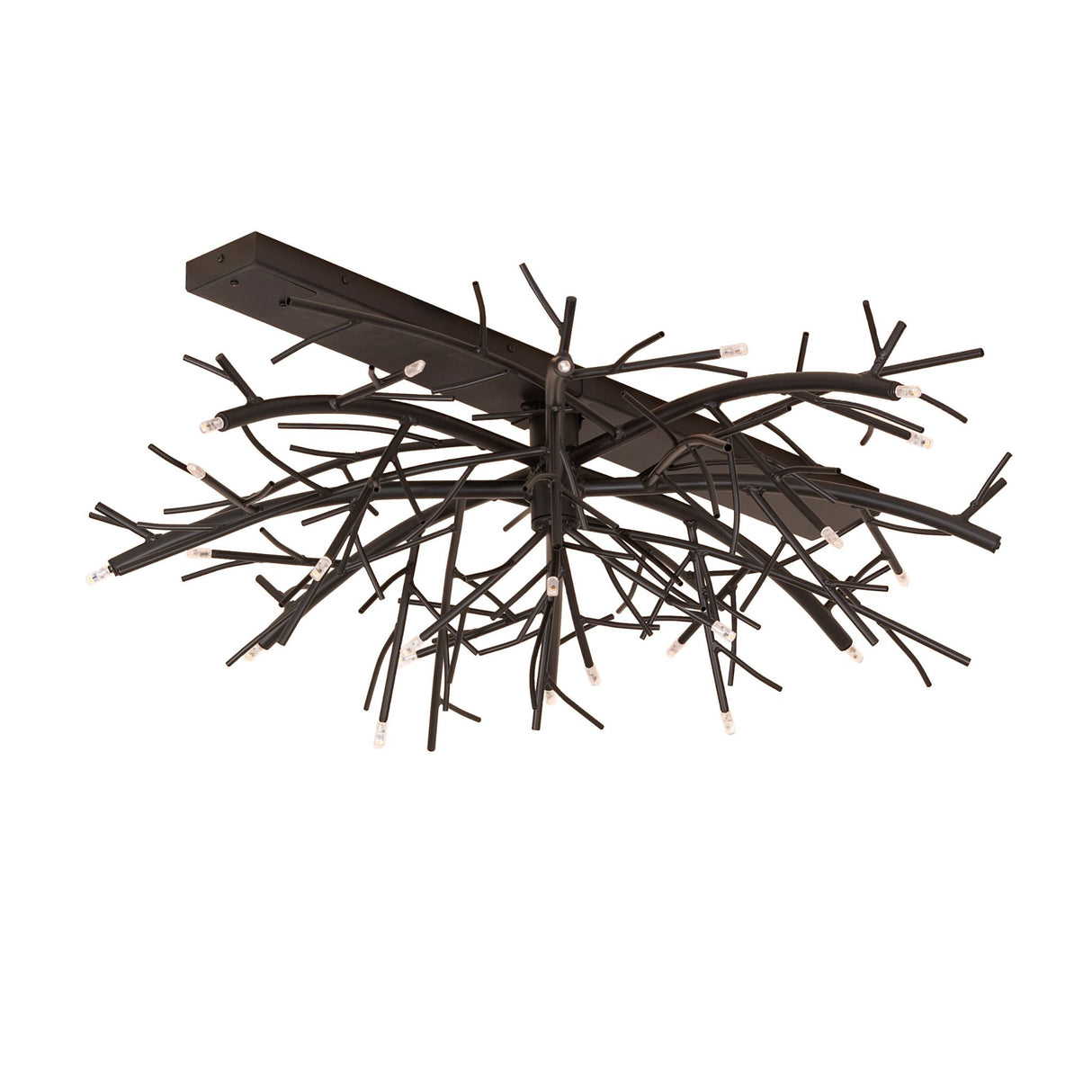 Unlit view of chandelier showcasing sculptural branch-like metal framework in blackwash finish.