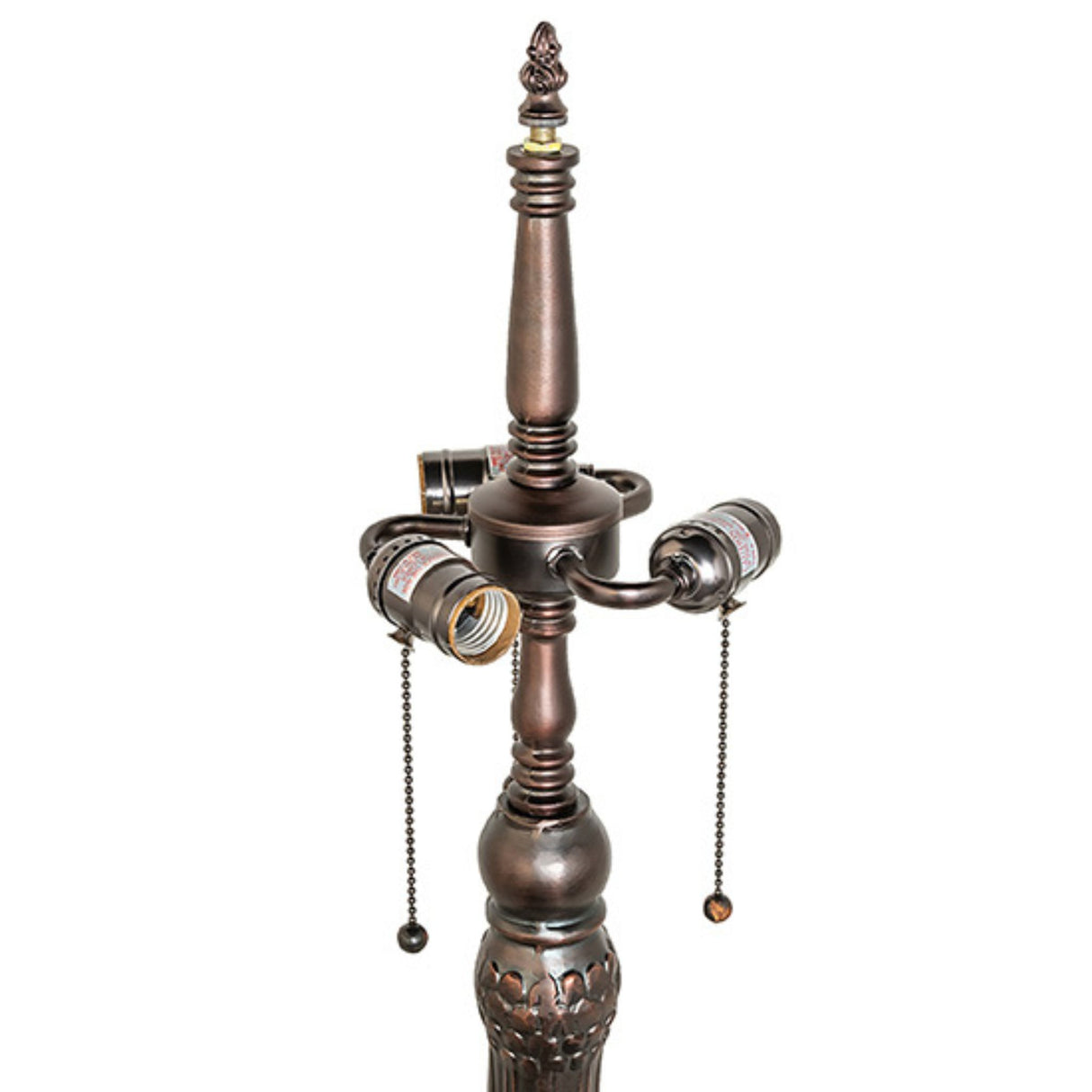 Detailed view of the three-light configuration with pull chains on the lamp base.
