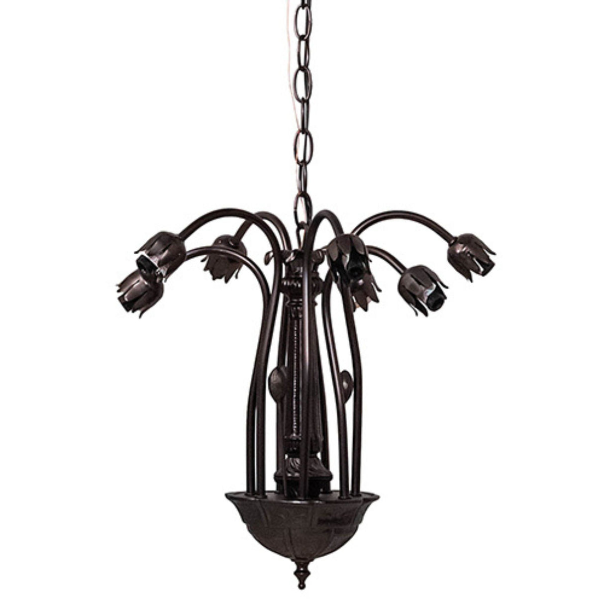 Unlit bronze frame of the Tiffany pond lily chandelier.