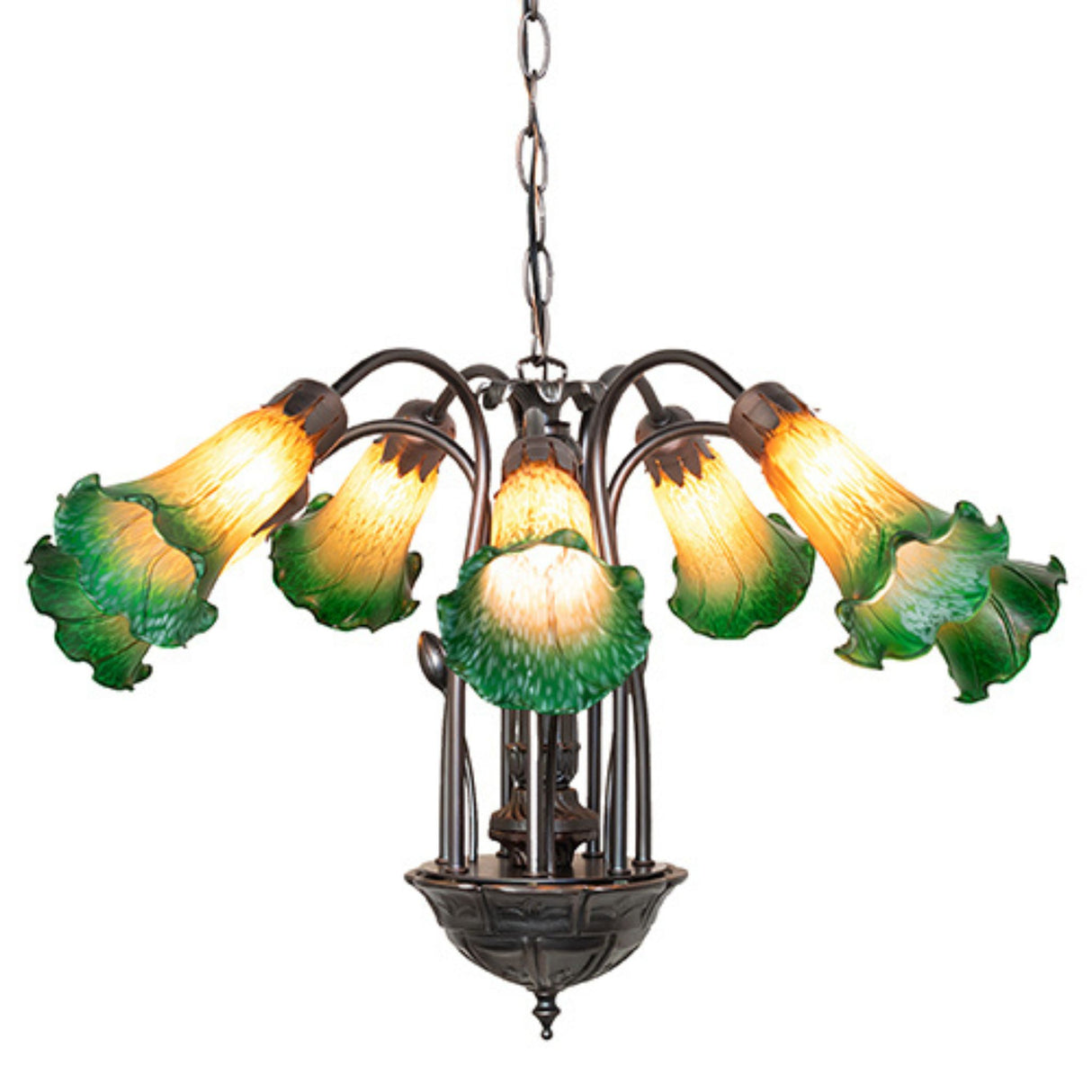 Artistic green and amber Tiffany chandelier with floral glass shades.