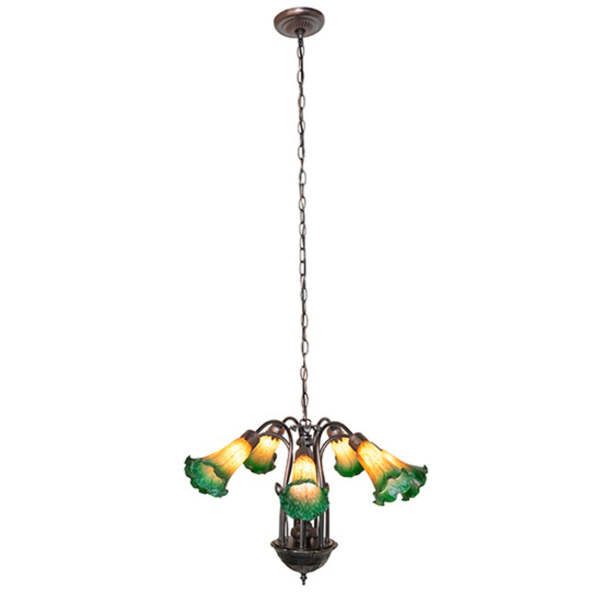 Hanging Tiffany chandelier with amber and green glass lily shades.