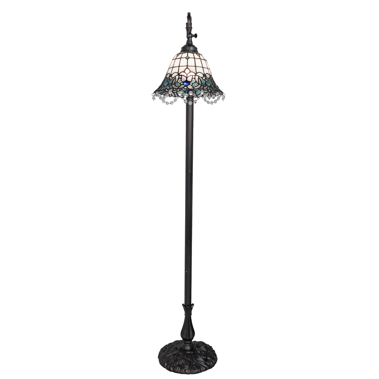 Centered view of Angelica bridge arm lamp with beaded trim.