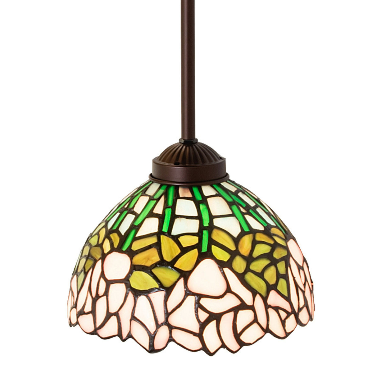 Detailed view of Tiffany mini pendant stained glass design.
