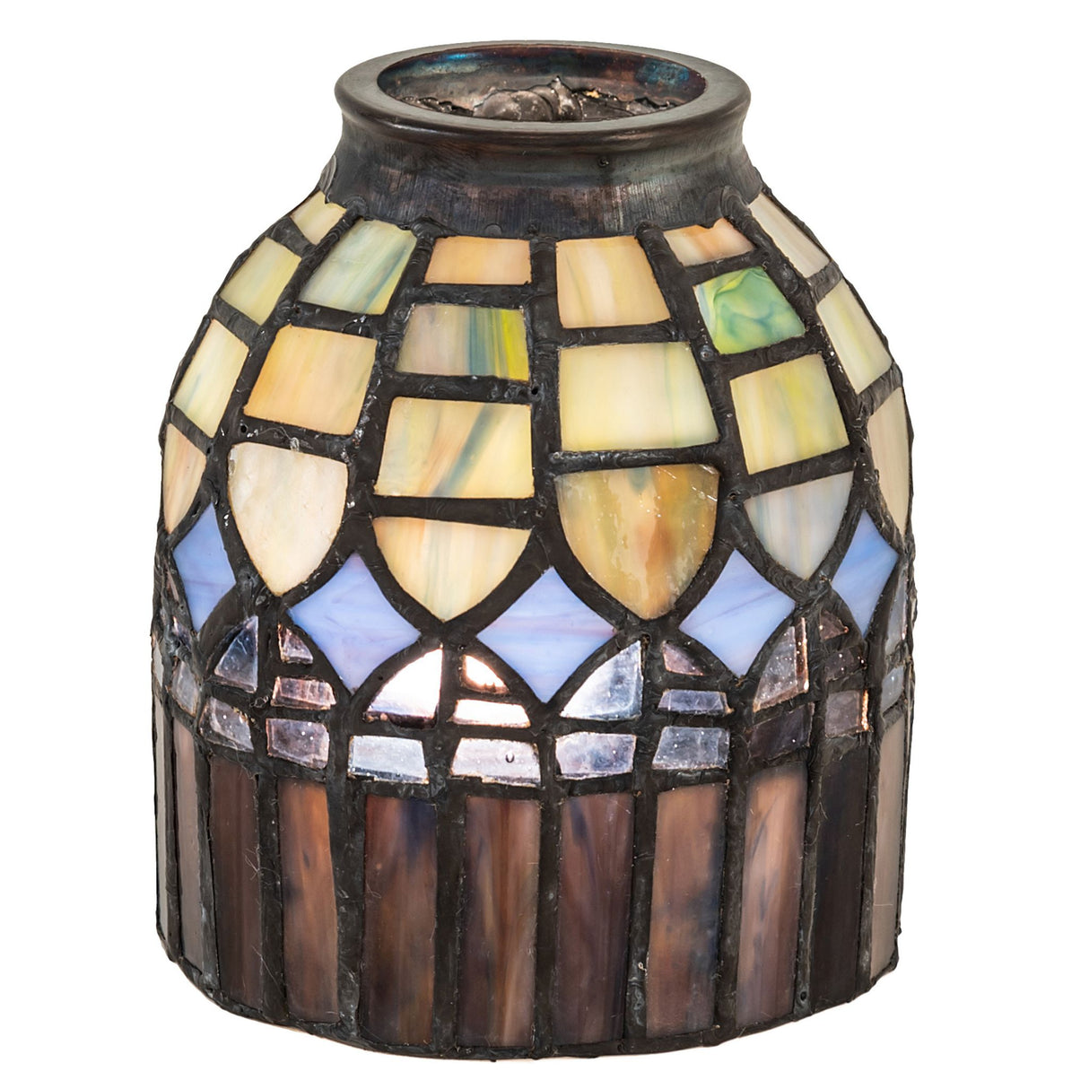 Lit view of the Tiffany Candice fan light shade with vibrant amber, emerald, and ruby tones.