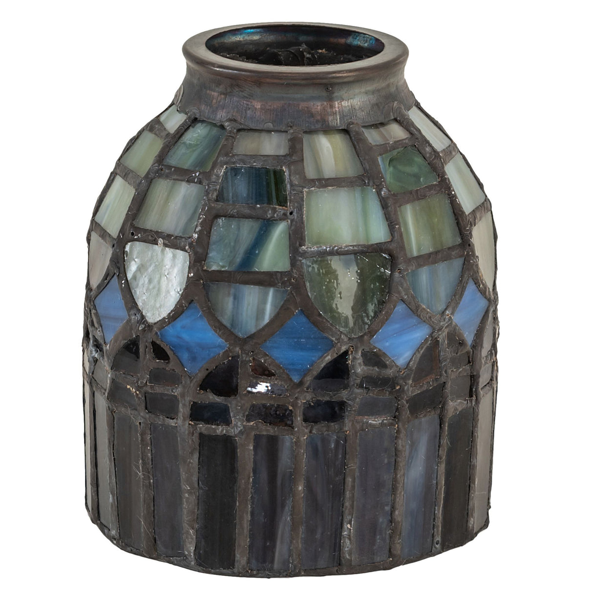 Unlit view of the Tiffany Candice fan light shade showcasing its intricate stained glass details.