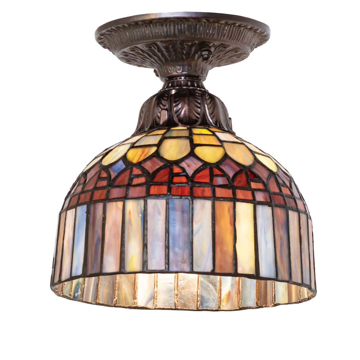 front view of tiffany candice flushmount with amber plum glass fringe.