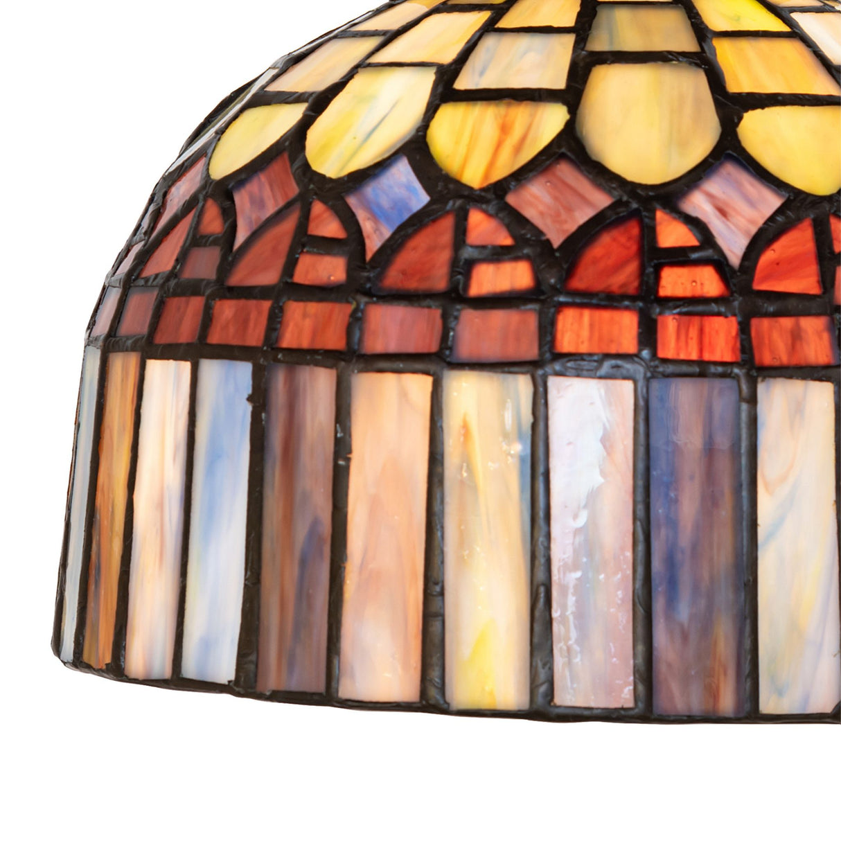 detailed glass view of brickwork and purple diamond accents on tiffany candice flushmount.