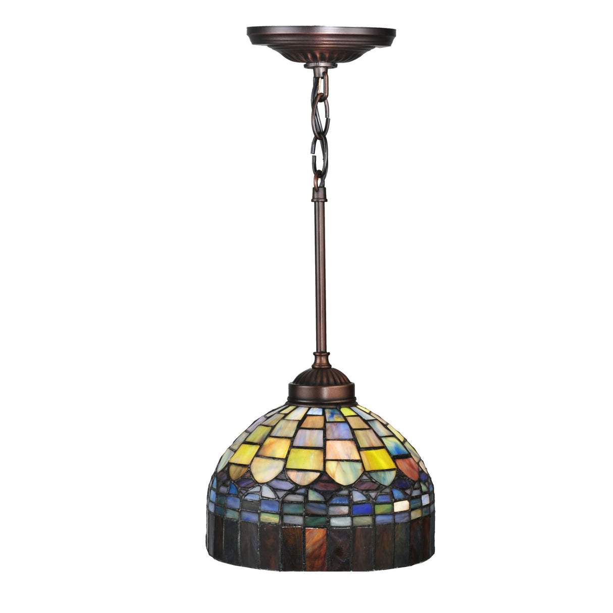 Stained glass Tiffany Candice mini pendant with amber, emerald, and cobalt tones.