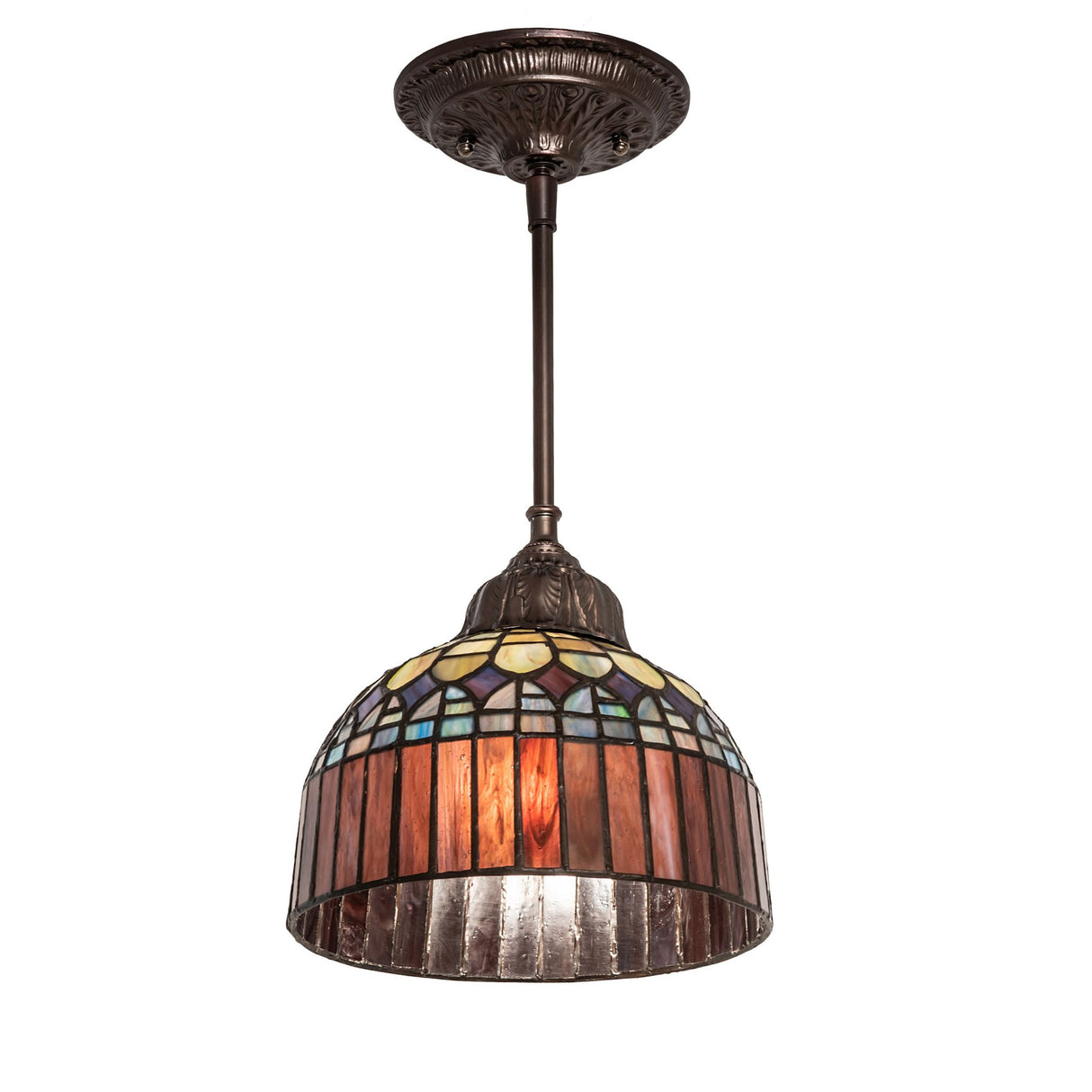 Lit view of Tiffany Candice Mini Pendant with colorful stained glass shade.