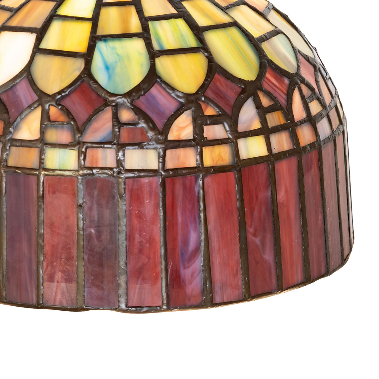 Close-up of Tiffany Candice shade highlighting detailed stained glass.