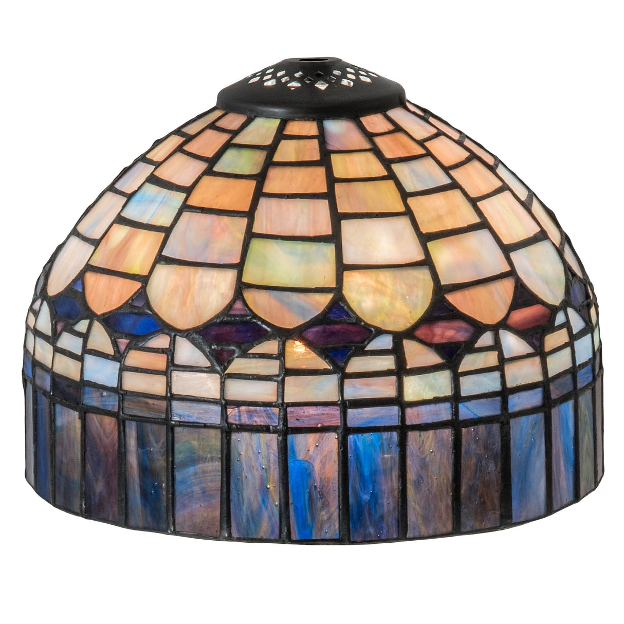 Illuminated Tiffany Candice shade with vibrant multi-hued stained glass.