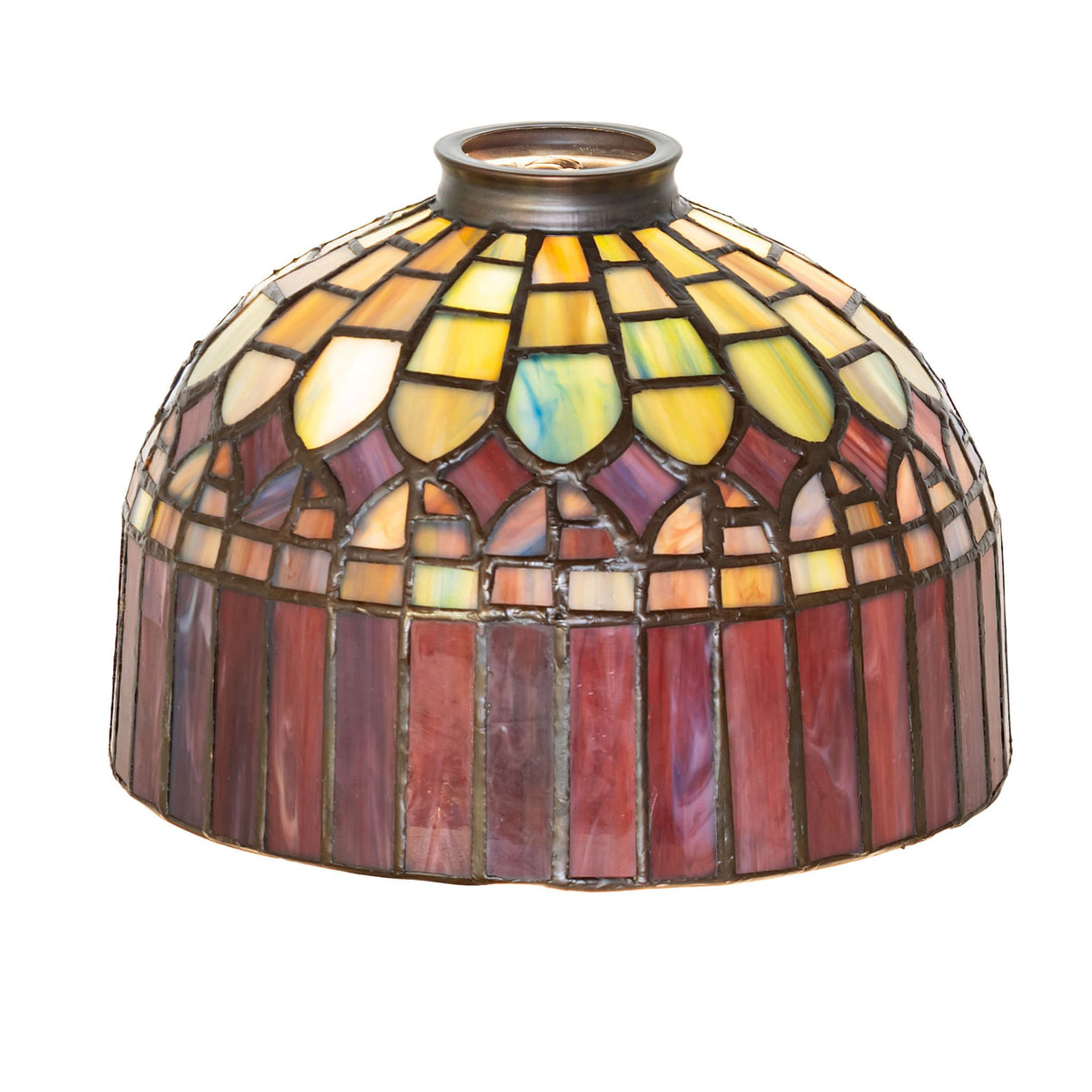 Tiffany Candice shade illuminated with warm multicolored glass.