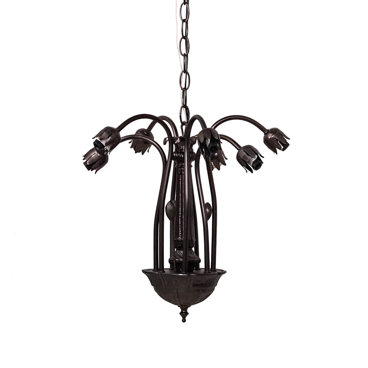 Tiffany chandelier hardware featuring intricate floral framework.