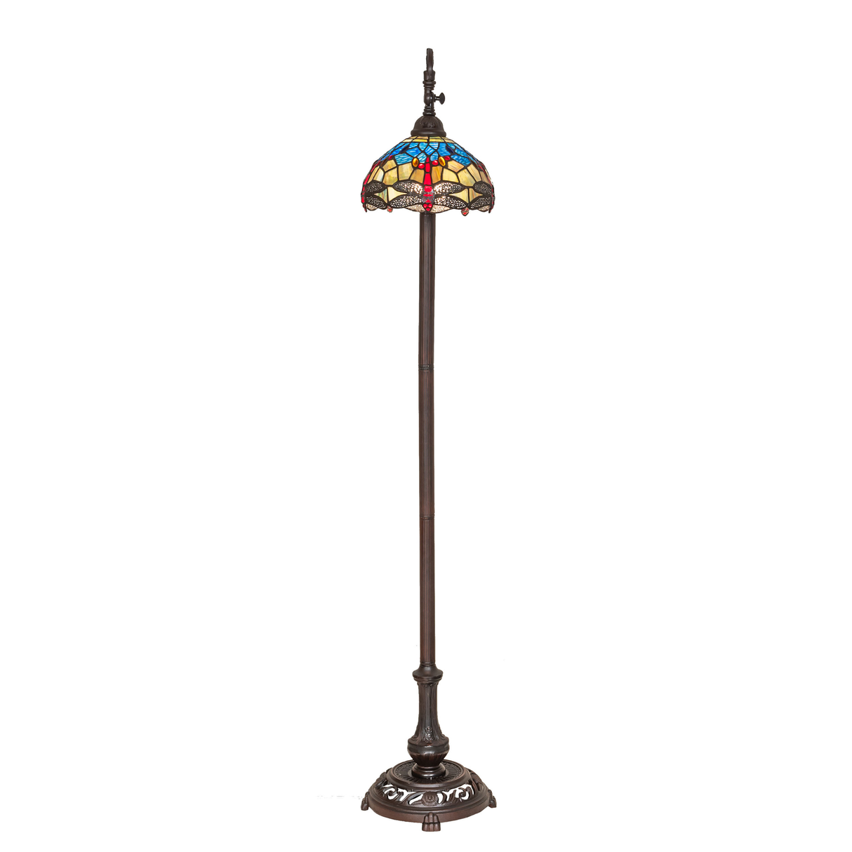 Tiffany dragonfly floor lamp front view lit.