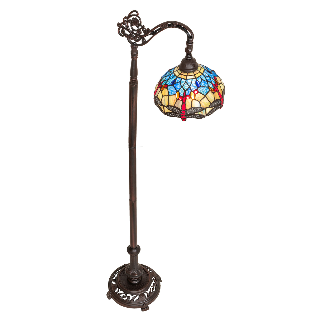 Tiffany dragonfly floor lamp top angle lit view.