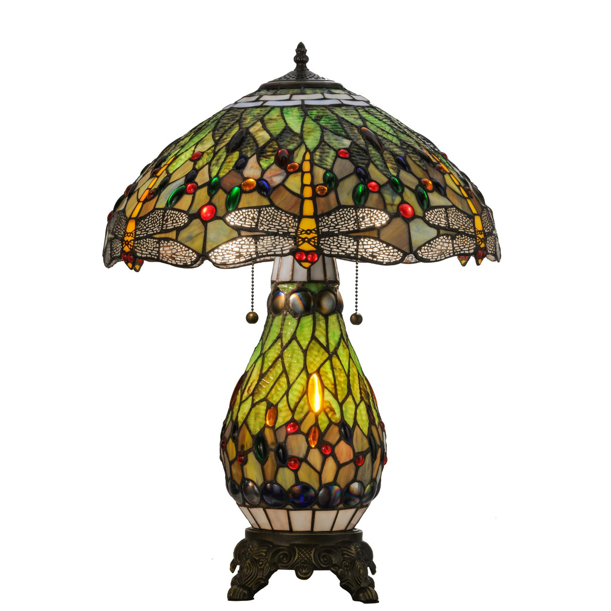 Tiffany table lamp displaying vibrant dragonfly patterns and warm lighting.