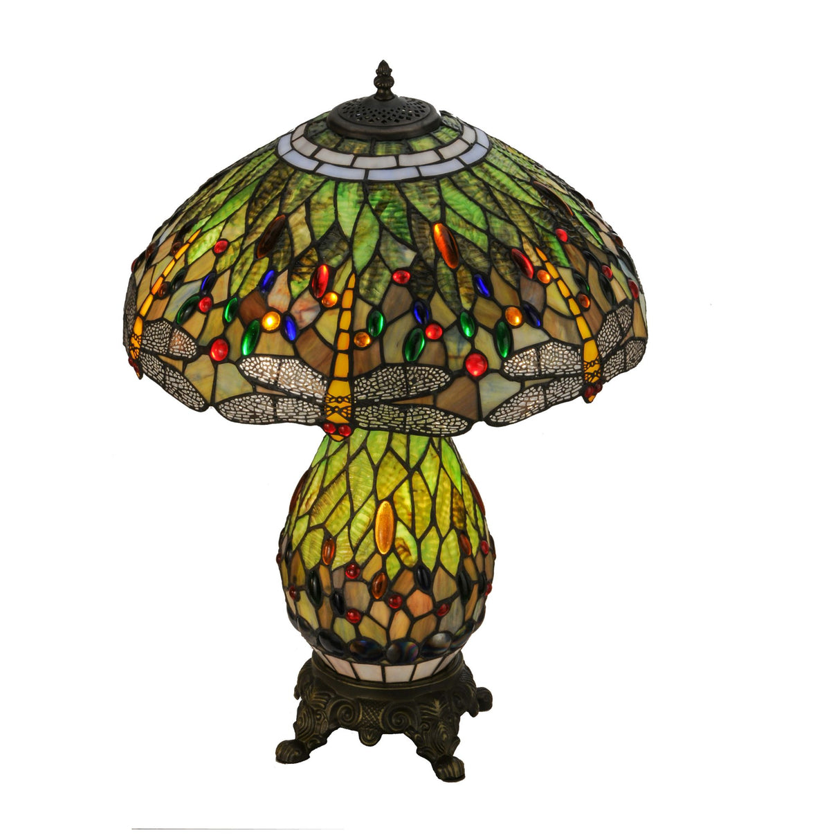 Tiffany dragonfly lamp top view showcasing decorative shade design.