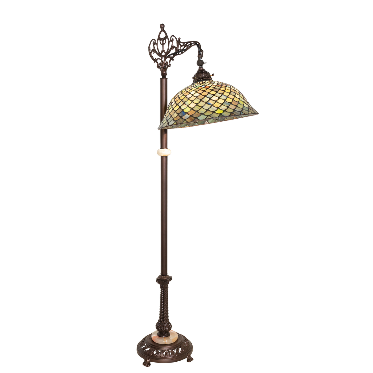 Tiffany-style Fishscale bridge arm floor lamp illuminated.