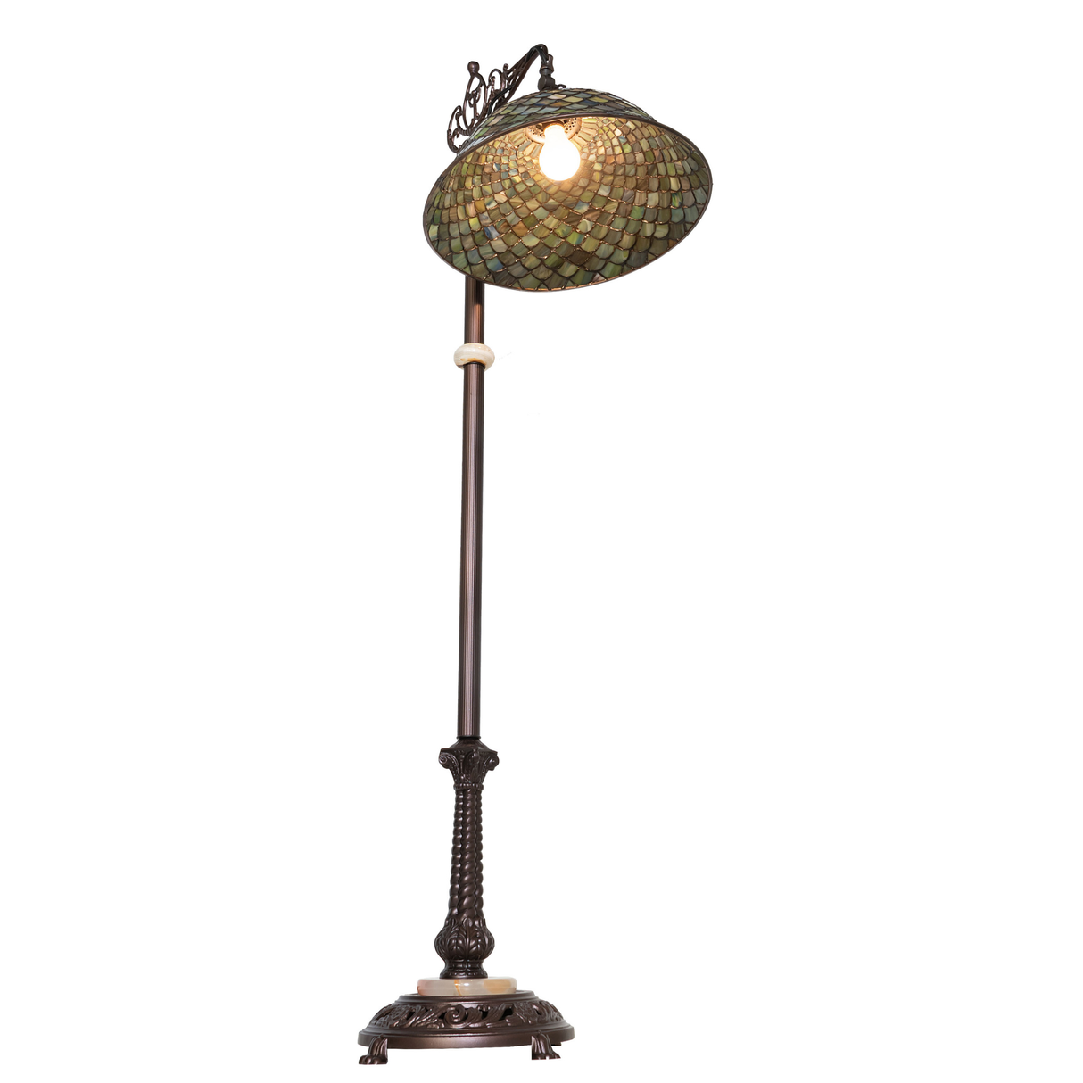 Low-angle view of illuminated Tiffany Fishscale lamp.