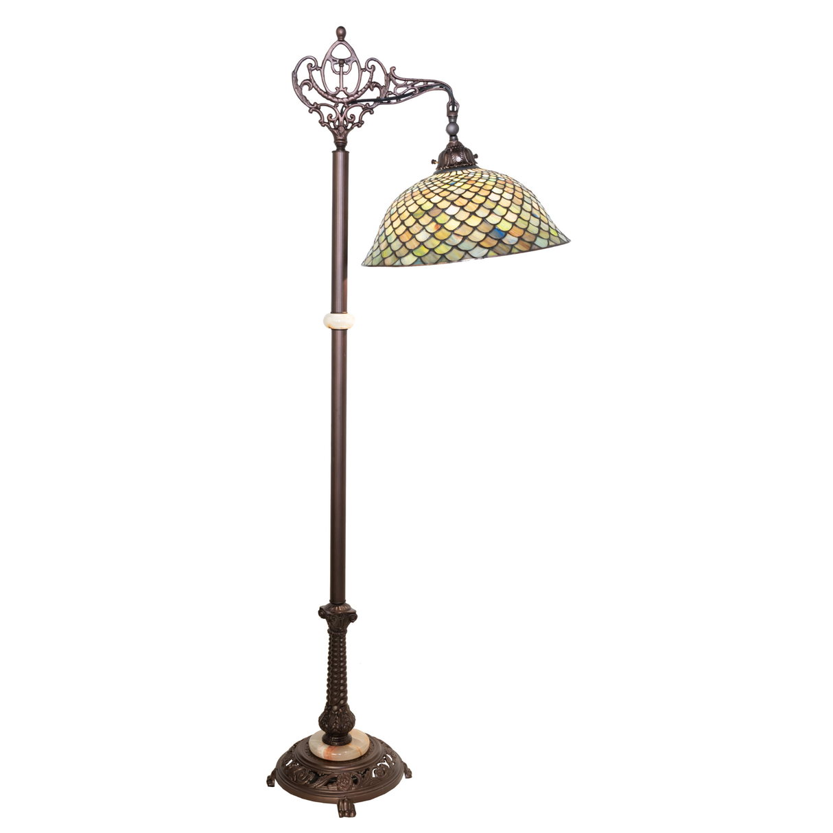 Side view showing Tiffany Fishscale shade and ornate arm design.