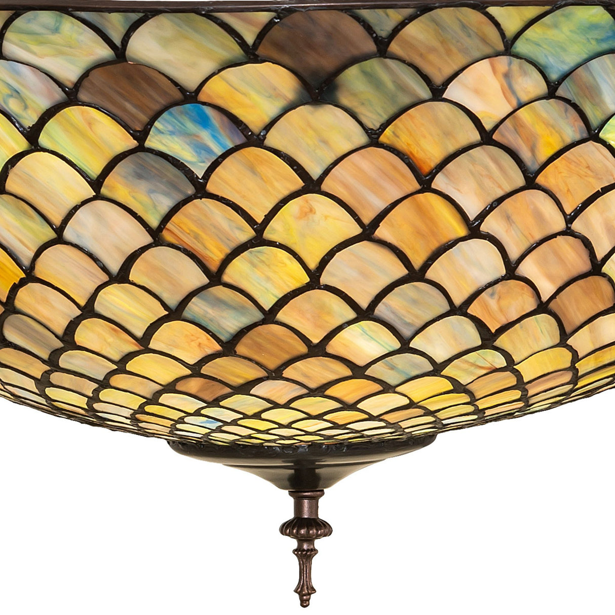 closeup view of tiffany fishscale flushmount with multicolored stained glass.