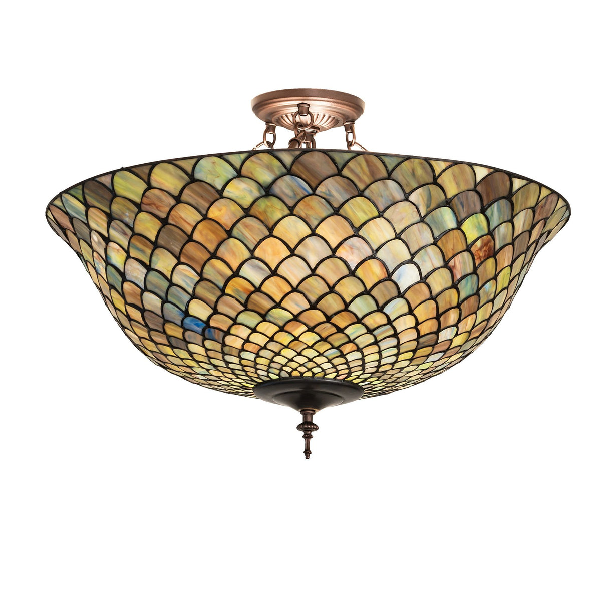 front view of tiffany fishscale flushmount with emerald and sapphire glass design.