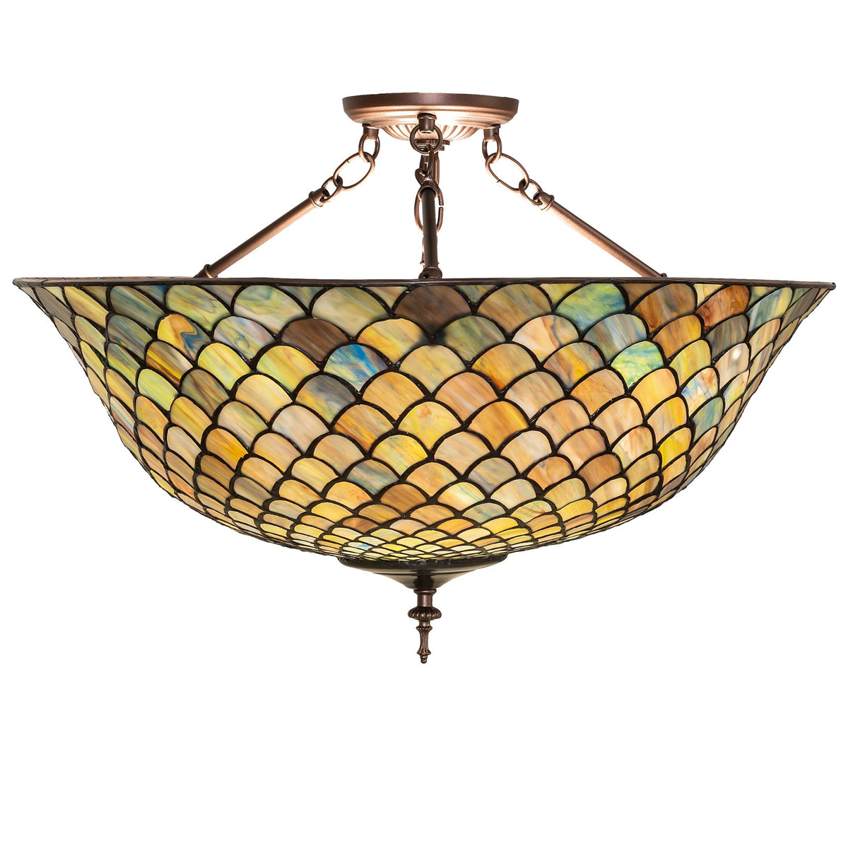 detailed view of emerald, mauve, and beige art glass on tiffany fishscale flushmount.