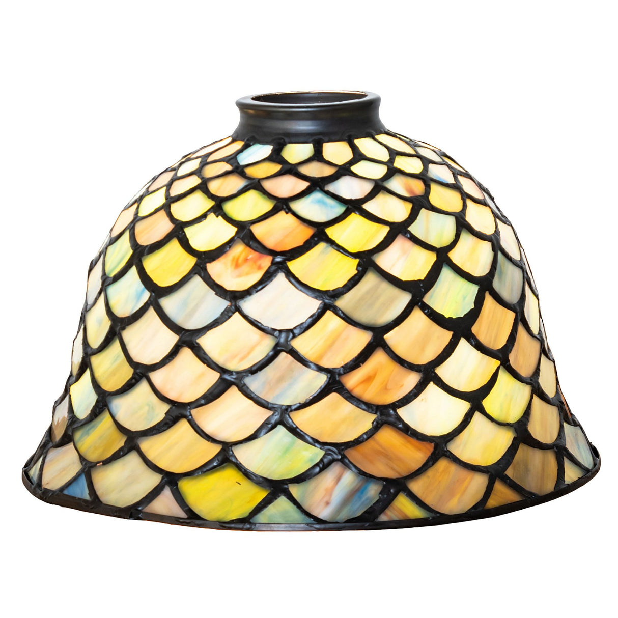 Tiffany Fishscale glass shade with lit multicolor art glass.