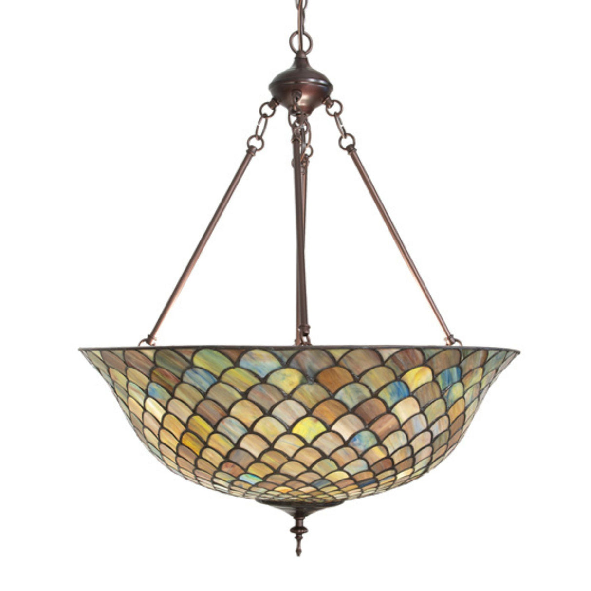 Closeup of the colorful fishscale glass pattern of the pendant.