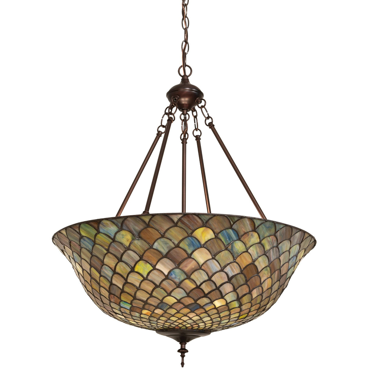 Front view of the Tiffany fishscale inverted pendant with vibrant colors.