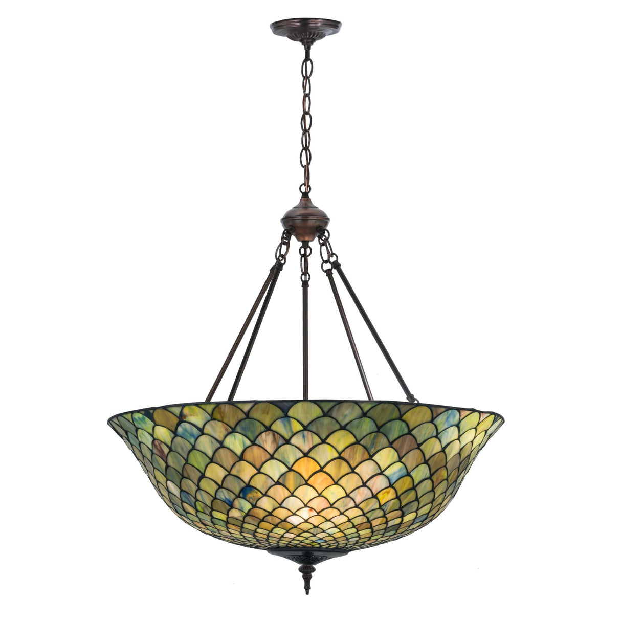front view of tiffany fishscale inverted pendant with tortoiseshell art glass design.